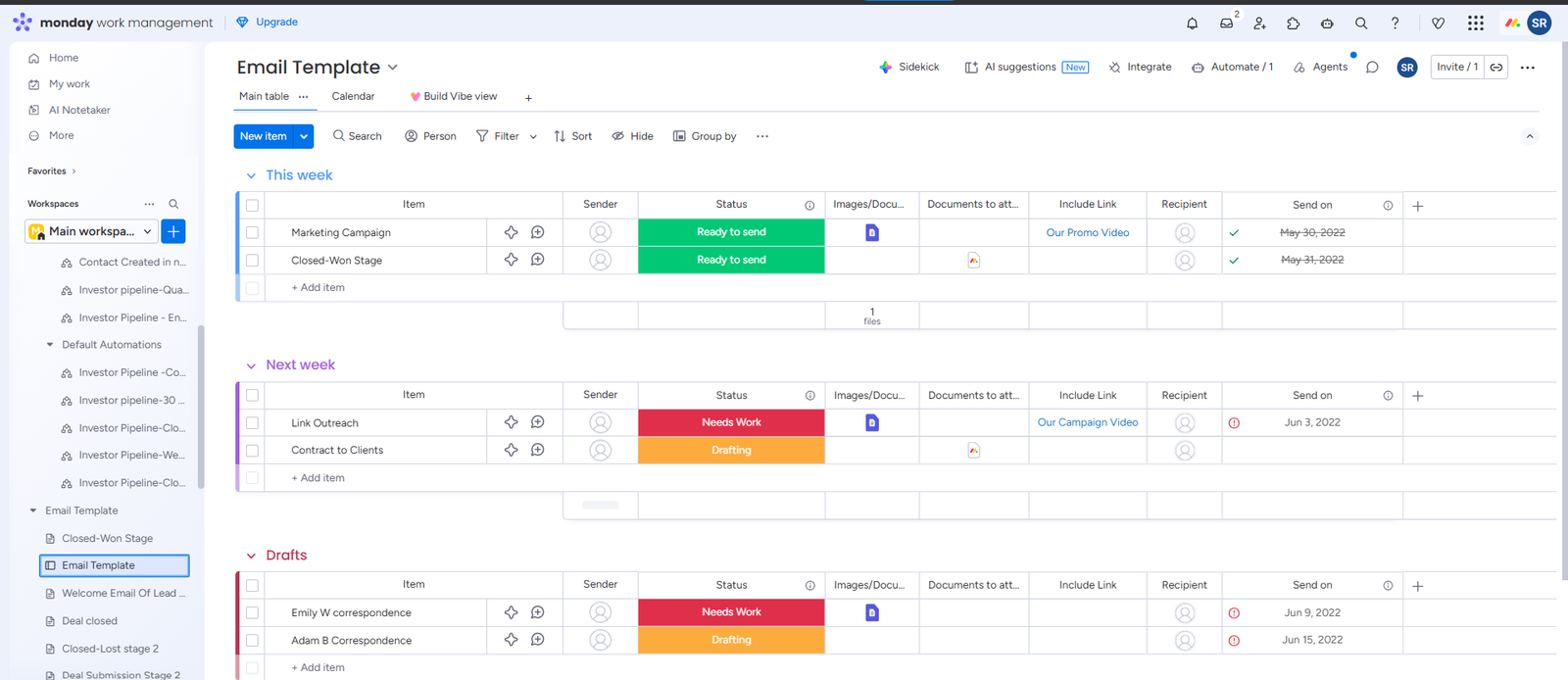 monday.com project status board